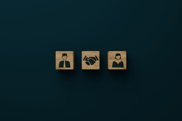 Wooden blocks with an icon of a man, woman and shaking hands with consent. Divorce, mediation concept. Troubleshooting by a mediator. 3d render