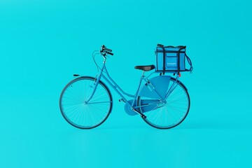 Blue bicycle with a bag with food on a blue background. Concept of food delivery by bicycle, food courier. 3d rendering, 3d illustration.