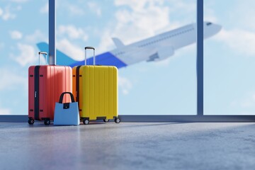 Suitcases in the airport hall with the departing plane in the background. Concept of traveling, vacation. 3d render, 3d illustration.