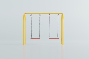 Swing on a light background. Concept of fun children spending time in the playground. 3d render, 3d illustration.