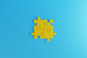 Yellow puzzle pieces stacked up on a blue background. Business concept, method development, creativity. 3d render, 3d illustration.