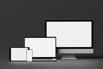 Laptop, phone and tablet with blank empty white screen. Concept of content replenishment, showing pages on different devices. 3d rendering, 3d illustration.