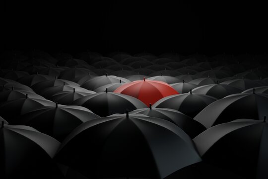 Lots of black umbrellas and one red one that stands out. The concept of differentiation, individuals. 3d rendering, 3d illustration.