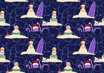 Christmas on the beach seamless snowman and ocean pattern for wrapping new year paper and notebooks