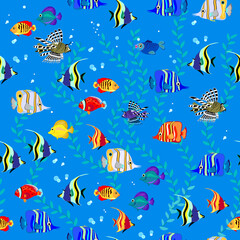 Naklejka na ściany i meble Seamless pattern ornament. Abstract background with underwater life. Illustration of aquarium fishes. Luxury ornate picture for mural wallpaper, fabric, decoration, baby clothes. Vector illustration.