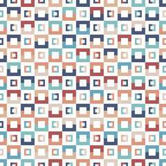 Colourful seamless vector pattern with simple geometric tiles in blue, red and orange. Modern playful background for fashion, interior design and wallpaper.