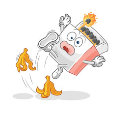 matchbox slipped on banana. cartoon mascot vector