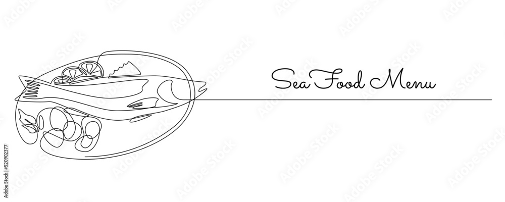 Poster continuous one line drawing of grilled salmon fish on plate. roasted seafood dish with lemon and veg