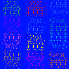 Alien spaceship doodle seamless pattern on blue background