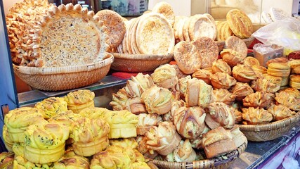 different variety of baked bread roll, bun, dough
