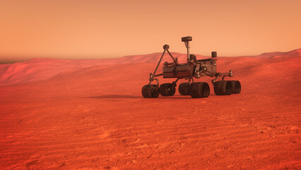 Scientific exploratory vehicle on the surface of a Mars like red sand planet. 3D rendering. © IG Digital Arts