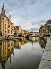 Leie river and historic medieval building in Ghent, Belgium