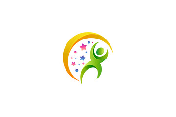 Logos of people or children playing under the moon and stars