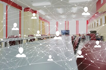 Icons with network of connections, office and data processing. global networks, digital interface and data processing concept digitally generated image.