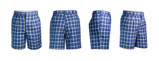 shorts tartan plaid pattern. Checkered fabric texture print in blue, pale white & white twill stripes on dark blue background.