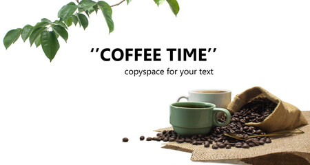 Hot Coffee cup with coffee beans roating on white background with copyspace for your text.