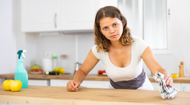 Portrait of female houseworker dusting kitchen surfaces indoors