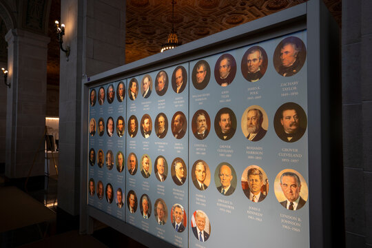 Washington, DC, USA - June 22, 2022: Closeup of the pictures of the United States presidents seen in the White House Visitor Center in Washington, DC.