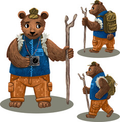 Illustration brand character travel hiking bear with staff and camera