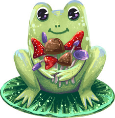 Illustration brand character a small frog with a bouquet of mushrooms