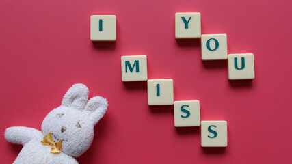 Cabeza de conejito blanco de felpa con bloques de letras