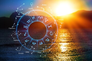 Zodiac signs inside of horoscope circle astrology and horoscopes concept in the sky