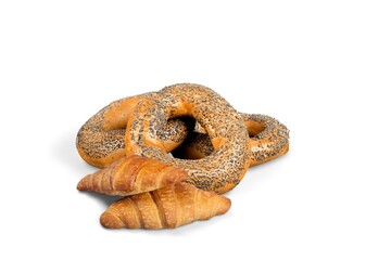 Fresh baked bagel, french butter croissants, flakes and crumbs. Pastry shop card
