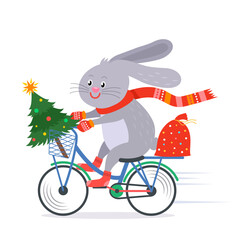Fototapeta na wymiar A cute hare in a scarf and mittens rides a bicycle with a Christmas tree and a bag full of gifts. new year 2023 concept.