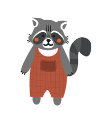 Cute teddy raccoon. Sticker for social networks. Toy or mascot for children. Forest dweller in red sundress, graphic elements for website and printing on clothes. Cartoon flat vector illustration