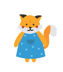 Cute teddy fox. Sticker for social networks. Toy or mascot for children. Cute child character in blue dress, graphic element for pattern making, animal and mammal. Cartoon flat vector illustration