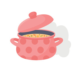 Healthy food concept. Saucepan with hot soup made from fresh vegetables and meat. Delicious lunch or dinner. Kitchen utensils with meal. Cartoon flat vector illustration isolated on white background