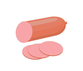 Healthy food concept. Sticker or icon with stick of delicious chicken, beef or turkey sausage. Sliced ham or meat product. Tasty snack. Cartoon flat vector illustration isolated on white background