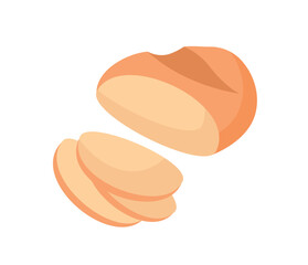 Healthy food concept. Bright sticker or icon with fresh wheat bread and pieces. Sliced hot pastry made from flour or dough. Tasty snack. Cartoon flat vector illustration isolated on white background