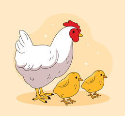Baby chickens concept. Mother and kids, cute animals. Poster or banner for website. Farming and agriculture. Care for nature. Graphic element for printing on clothes. Cartoon flat vector illustration