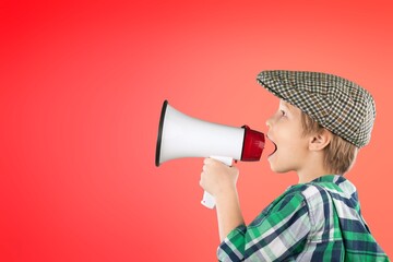 Young child hold scream in megaphone announces discounts sale