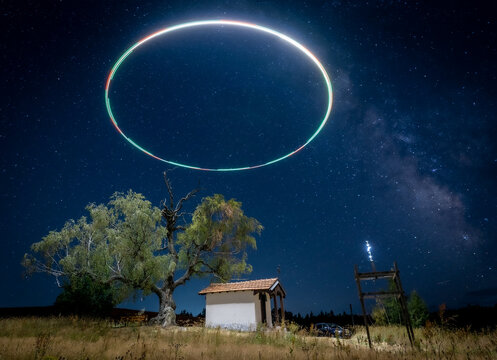 Night landscape long exposure photography painting with drone and the Milky Way