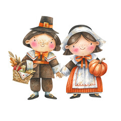 Cute, cartoon pilgrims with autumn gifts watercolor illustration. Thanksgiving Day children Pilgrim Couple. - obrazy, fototapety, plakaty