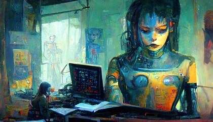 AI text to image generator, Art making robot, AI artist artificial intelligence system that can create images and art from a description, conceptual illustration