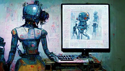 Humanoid AI robot working in an art studio painting a picture, Art making robot, AI artist that can create images and art from a description, ai text to image generator, conceptual illustration - obrazy, fototapety, plakaty