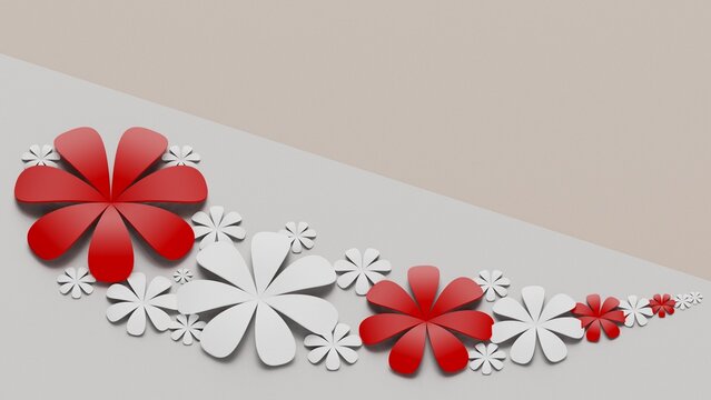 Light brown-white background with red-white paper flowers. Concept image of happy Invitation and reception sign. 3D high quality rendering. 3D illustration. High resolution.