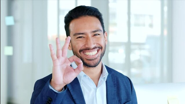 Business man showing ok sign with his hand and winking while feeling happy about his work success. Smiling, confident boss cheerful about a good job done. Portrait of a laughing office worker face