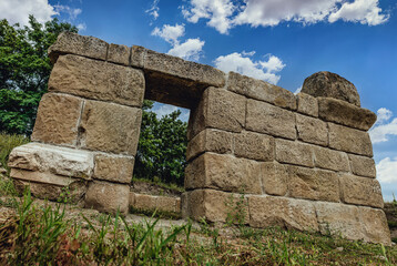 Stone gate and wall remains of the ancient Roman fortress Timacum Minus in eastern Serbia. Archaeological site of castle and military garrison fortress from Roman empire near the city of Knjazevac.