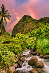 Lush, tropical Iao Valley on Maui at sunset.