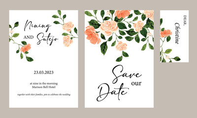 set of wedding invitation peach flower watercolor