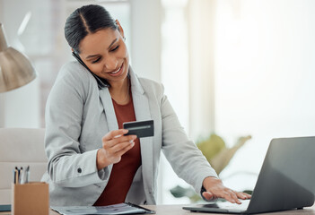 Business woman calling on phone while shopping online, paying and buying products or items with a laptop at work. Cheerful, joyful and content businessperson getting great customer service