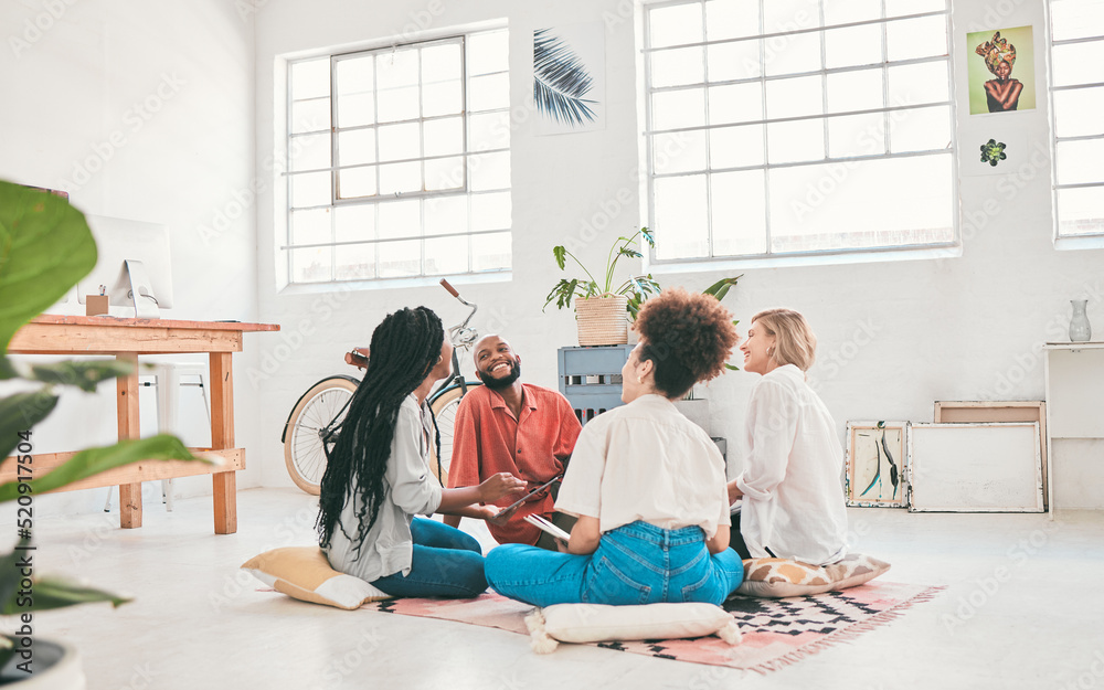 Poster happy, relaxed and talking business group laughing and bonding while working together in a modern of