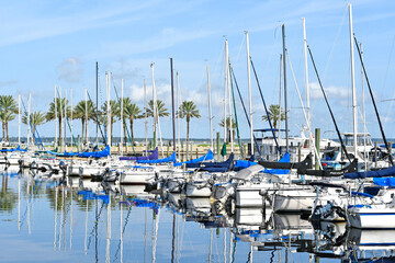 Sailboats docked at marina near downtown Sanford, Florida on Lake Monroe. 
