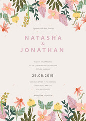 Pink and lilac hand drawn floral wedding invitation