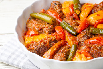 Traditional Homemade Turkish Food Kofte - Kofta with Tomato Sauce and Potatoes. (Turkish name; Izmir kofte)