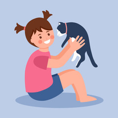 Smiling child holding her cat with love in flat design.